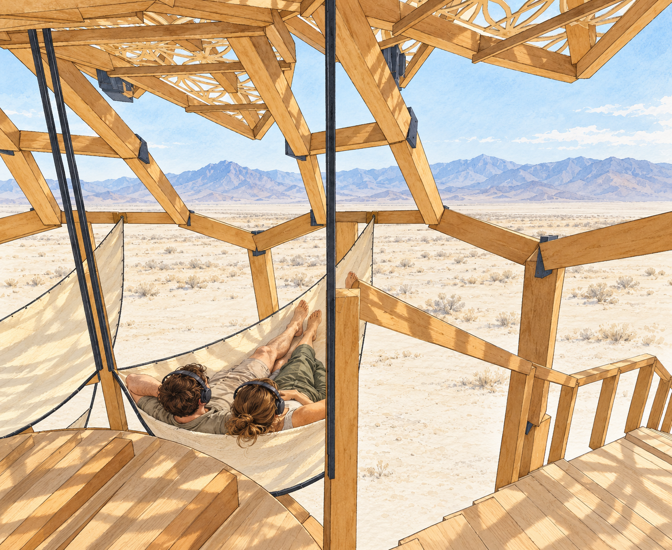Daytime concept of two people resting in a canvas hammock beneath the geometric timber canopy, with mountains beyond